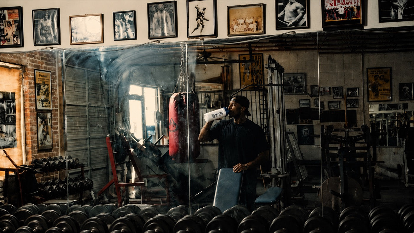 Athlete training with Mythic supplements nearby